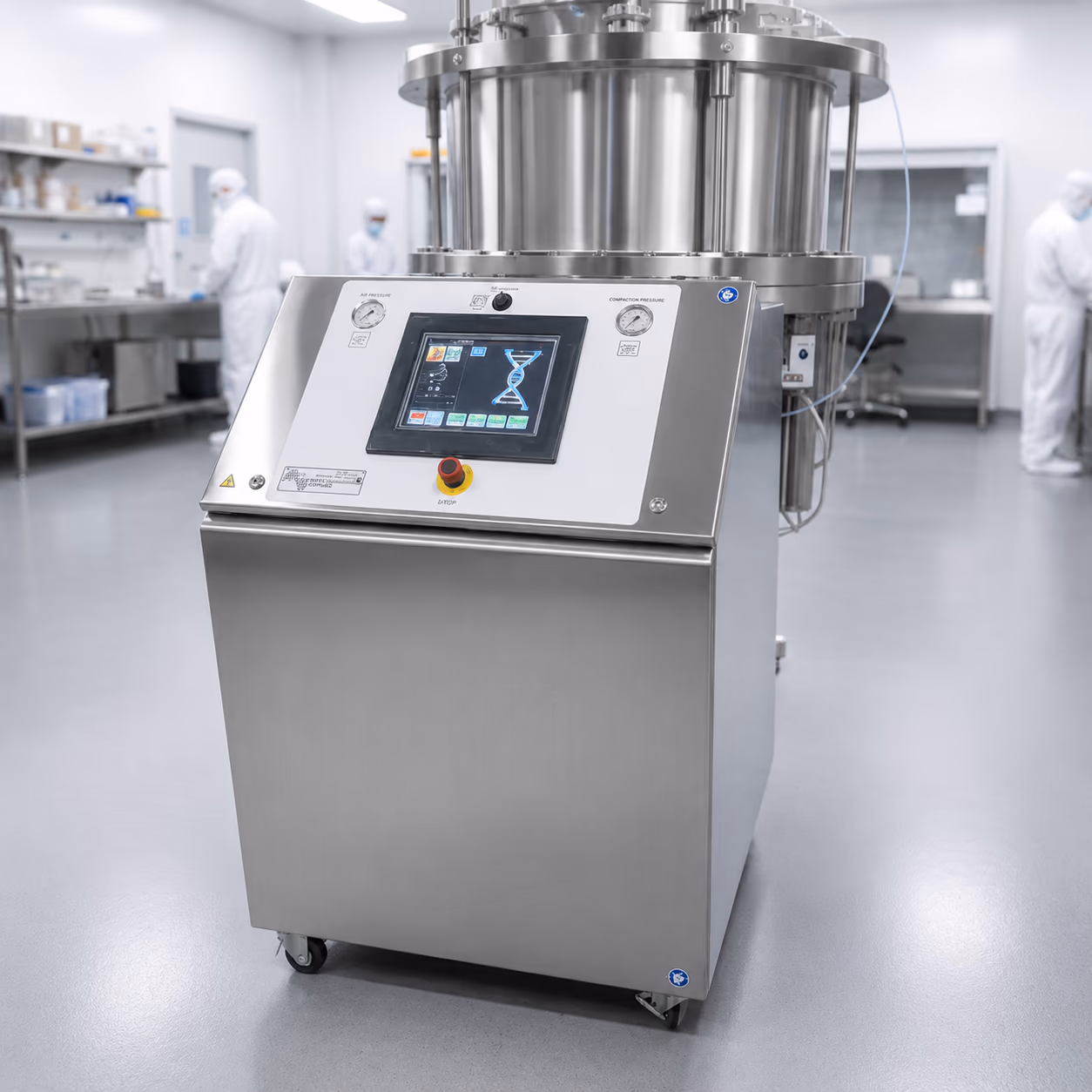 Mann Welding digital PLC-driven hydraulic control unit (HCU) with touchscreen HMI in a cleanroom.