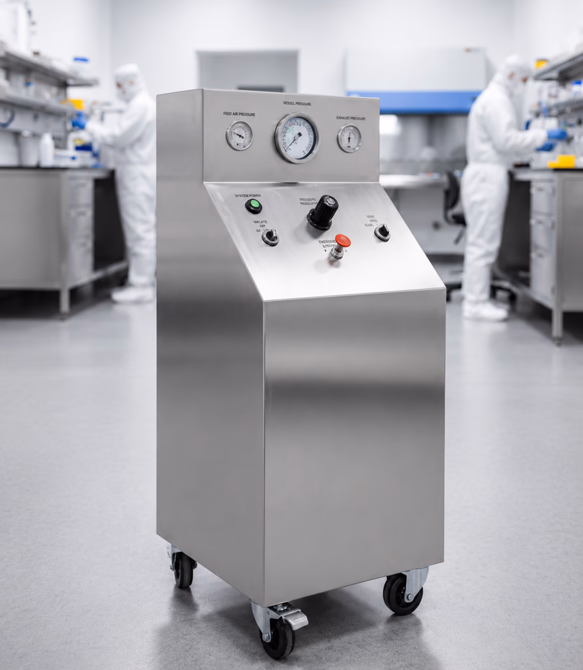 Mann Welding mechanical hydraulic control unit (HCU) with analog pressure gauge and manual valves in a cleanroom.